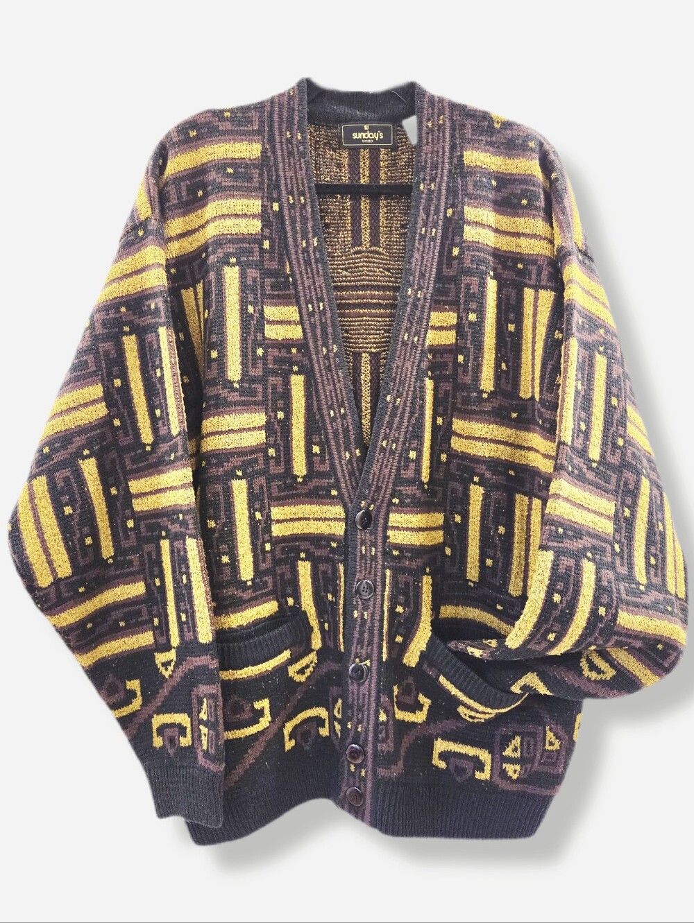 Vintage 90s Grandpacore Cardigan, Sunday's Uomo, Retro Geometric Knit, unisex L